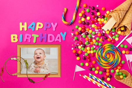 Happy birthday photo frame with candy